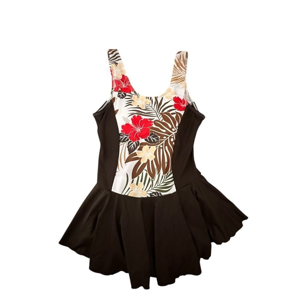 Savant ~ Women’s Brown and Tropical Floral Print  Swim Dress ~ size Large